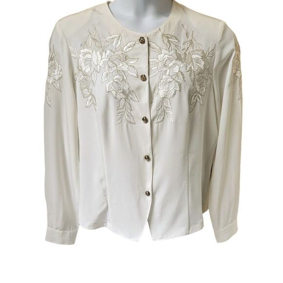 Kathy Cho Women's New Long Sleeve Floral Gold Embroidery Dress Blouse - Picture 2 of 16